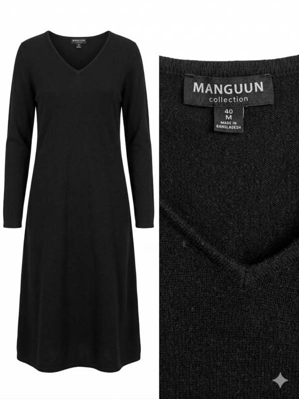 Vestido de lana negro, Chile, Vestido cuello V largo, Moda circular Santiago, Vestido de punto fino, Ropa de segunda mano premium.