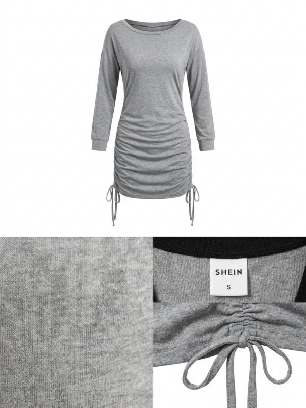 ¿Buscas comodidad máxima? Vestido corto Shein en color gris, tela de algodón suave con cuello bote. Ideal para un look relajado en casa. Prenda con detalles de uso a precio de liquidación. ¡Dale una segunda vida en Vintacha! Vestido Corto Algodón Gris Shein Talla S - Cuello Bote Estilo Comfy
